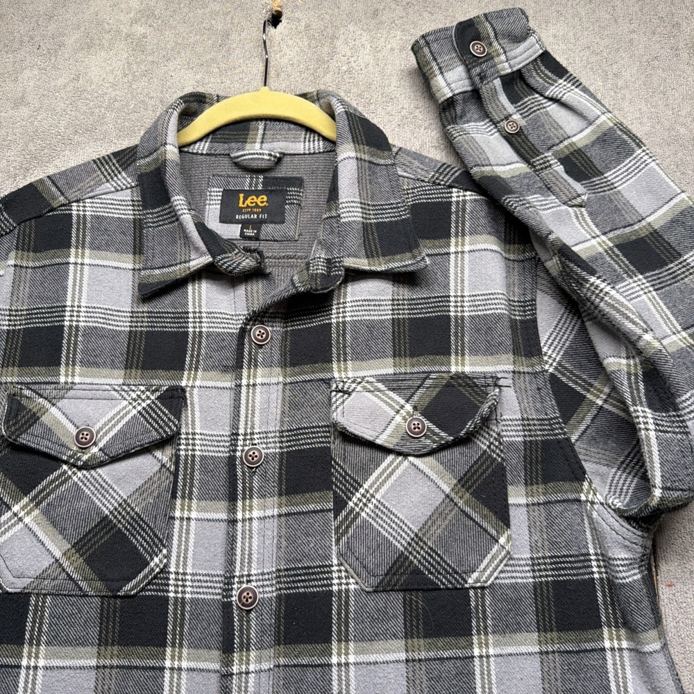 Lee Men's Plaid‎ Flannel Shacket Gray Black Snap Button Shirt Jacket Large